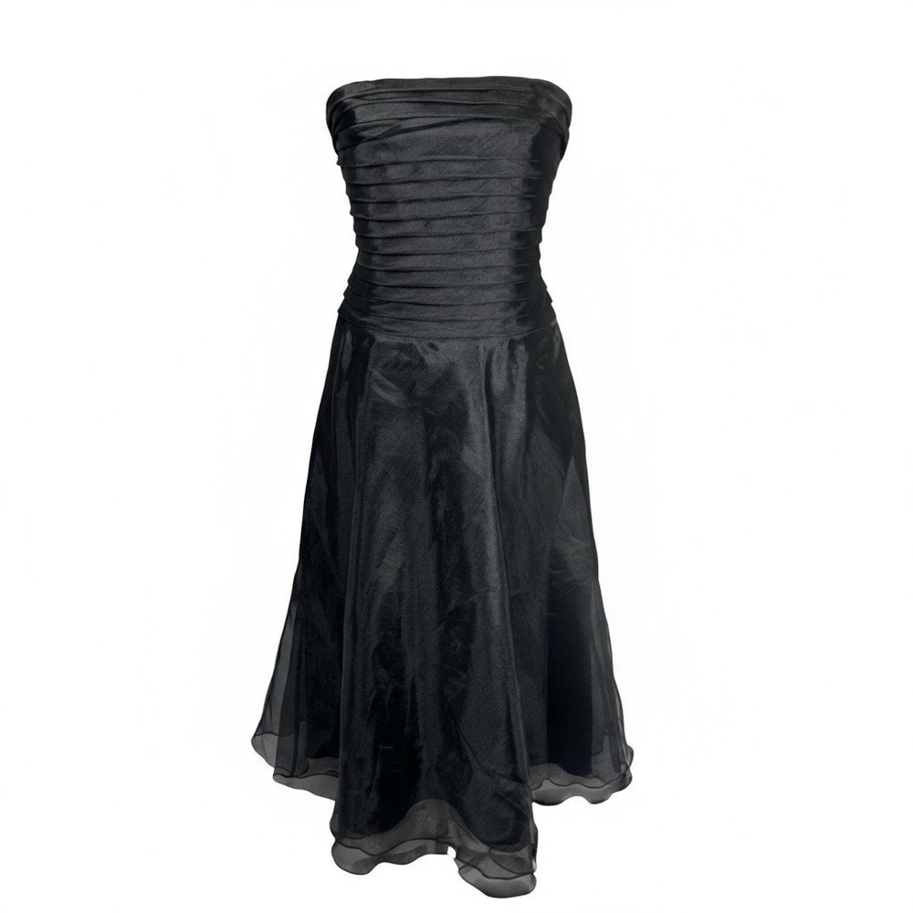 Bari Jay Black Strapless Ruffled Bodice Chiffon Layered Hem Formal Dress Size 6